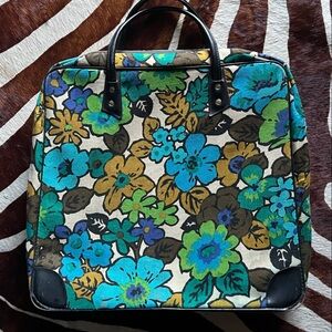 Vintage 60s 70s Travel Fold Out Floral Tote Bag with Black Accents